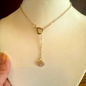 Elegant Long Drop Y-Shape Crystal Sparkly Heart Goldtone Necklace Prom Wedding